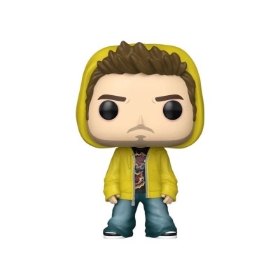 Figura colecionável tipo Funko Pop com casaco amarelo e calças azuis