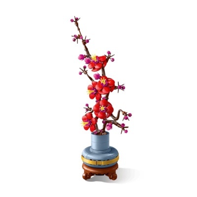 Flor de cerejeira de LEGO vermelha e castanha numa base azul