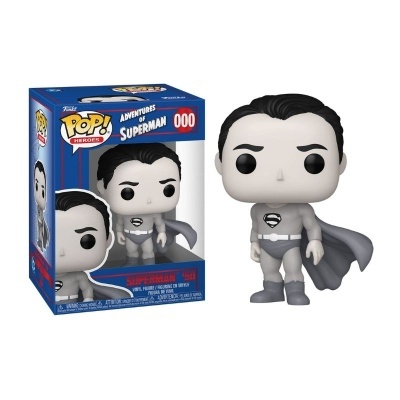 Funko Pop! figura de vinil do Superman em cinza com capa cinzenta, dentro de caixa azul e vermelha.