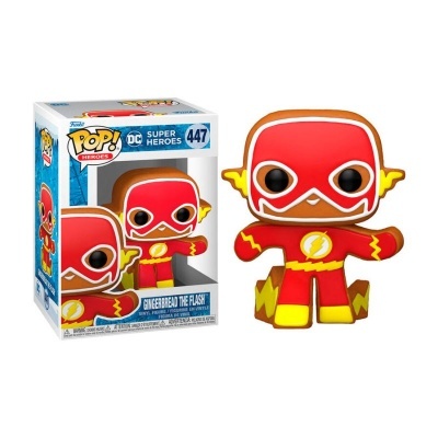 Figura Funko Pop! 'GINGERBREAD THE FLASH' em vermelho, amarelo e branco com embalagem visível