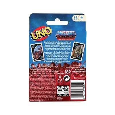 Embalagem do jogo de cartas UNO Masters of the Universe em azul e vermelho