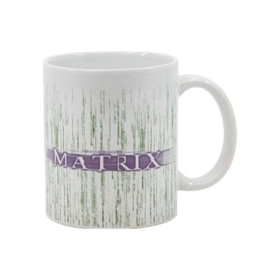 Caneca branca de cerâmica com texto MATRIX e linhas verdes