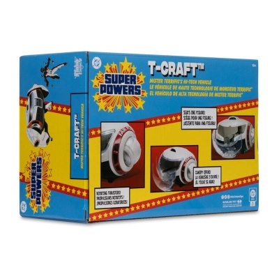 Caixa de brinquedo T-CRAFT™ SUPER POWERS azul e amarelo com imagens do veículo Mister Terrific e texto detalhando funções.