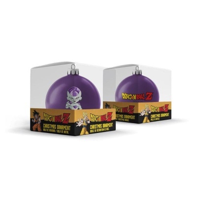 Enfeites de Natal roxos Dragon Ball Z na embalagem branca com faixa preta e personagens