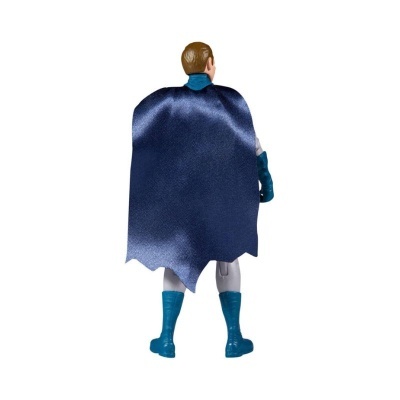 Figura de ação de super-herói vista de costas com capa azul