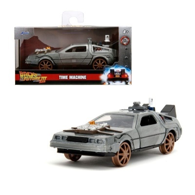 Figura de automóvel metálico cinzento da máquina do tempo 'Back to the Future III' em embalagem