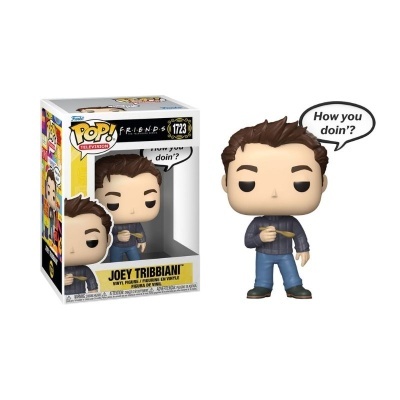 Funko Pop! Joey Tribbiani com fatia de pizza e balão de fala How you doin? em embalagem
