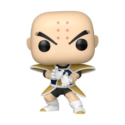 Figura Funko Pop de personagem careca com armadura azul e dourada em posição de combate