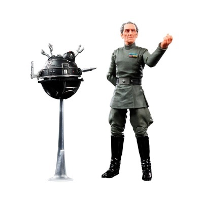 Figura de ação com uniforme cinzento e dispositivo esférico preto em fundo branco