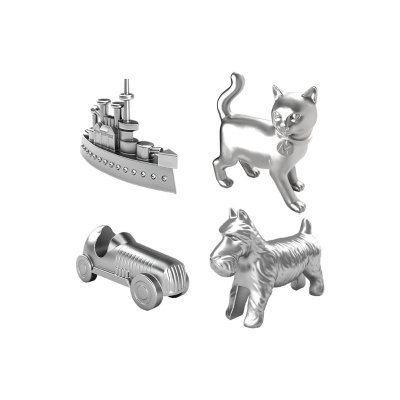 Miniaturas metálicas prateadas de barco, gato, carro antigo e cão