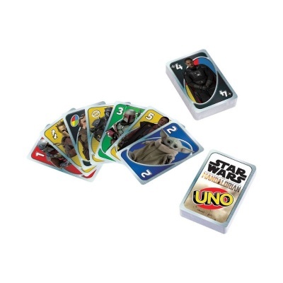 Cartas do jogo UNO Star Wars The Mandalorian com personagens e números.