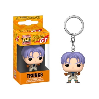 Chaveiro Funko Pop Trunks Dragon Ball GT com caixa amarela e laranja