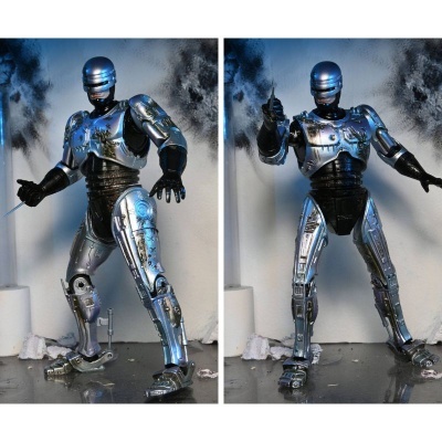 Duas figuras de ação do RoboCop com armadura metálica prateada em diferentes poses