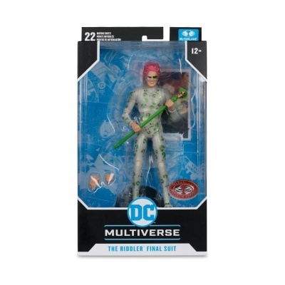 Figura de ação do The Riddler em traje final com bastão verde na embalagem DC Multiverse