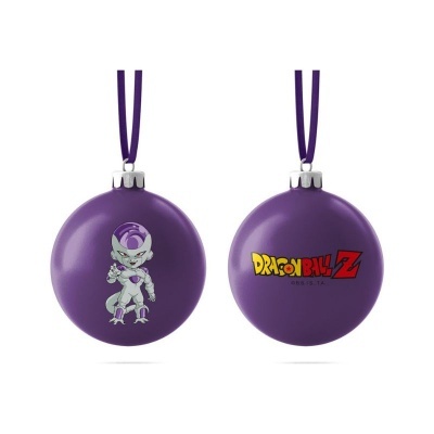 Bola de Natal roxa com personagem Frieza do Dragon Ball Z e logo DRAGON BALL Z