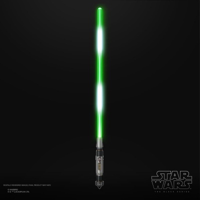 Sabre de luz verde de Star Wars com punho metálico detalhado em fundo preto.
