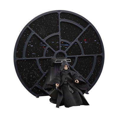 Figura de ação de personagem sentado em cadeira com fundo redondo preto estrelado