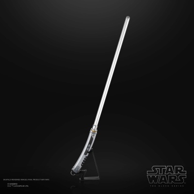 Sabre de luz Star Wars com cabo preto e prateado e lâmina branca numa base transparente