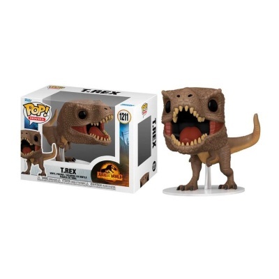Figura Funko Pop! de T. Rex castanho com boca aberta e embalagem de Jurassic World