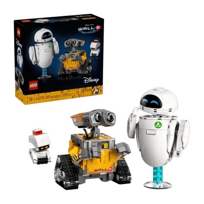 Conjunto LEGO Disney WALL·E com figuras de robots em amarelo, cinzento e branco e caixa preta amarela.