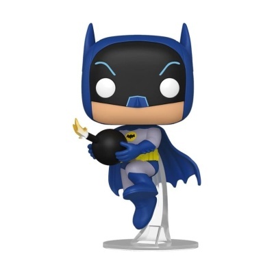 Figura Funko Pop do Batman em pose de voo segurando bomba com pavio em chamas