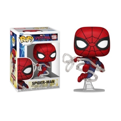 Funko Pop Spider-Man com teia e base transparente ao lado da sua caixa
