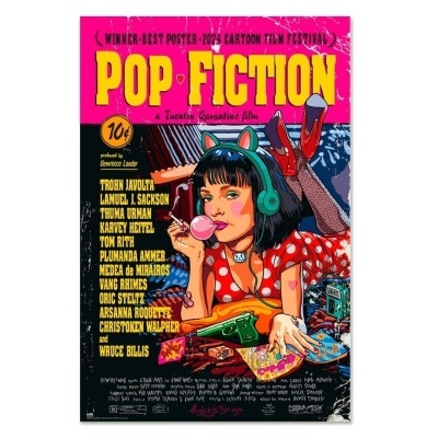 Poster colorido 'POP FICTION' com mulher de vestido vermelho e auriculares verdes