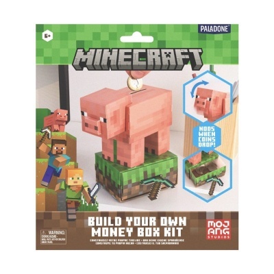 Kit de construção de mealheiro Minecraft com porco pixelado e base verde na embalagem