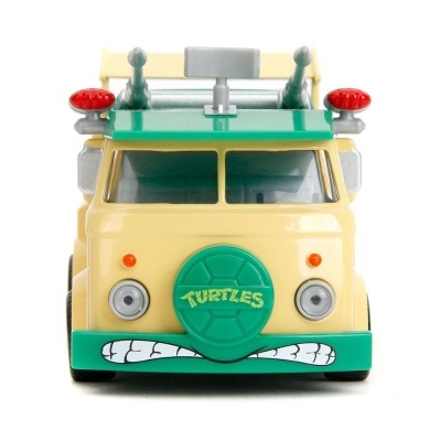 Miniatura de carrinha amarela e verde com texto TURTLES e padrão de dentes