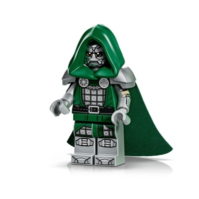 Minifigura LEGO com máscara cinza, capa e armadura verde e prata