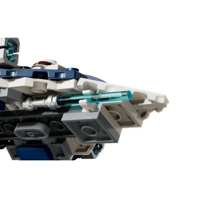 Modelo de brinquedo de blocos de montar cinza, branco e azul com projétil azul translúcido