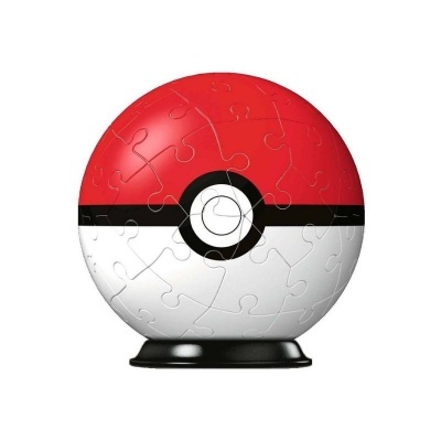 Puzzle 3D Pokébola em vermelho, branco e preto sobre base preta