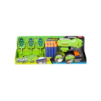 pistola brinquedo verde e balas espuma com três alvos verdes em embalagem