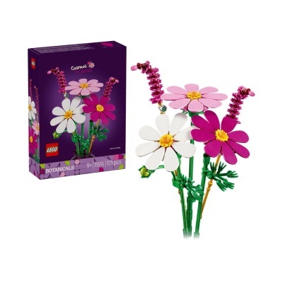 Caixa LEGO Botanicals roxa e violeta e um conjunto de flores de LEGO em rosa, branco, amarelo, verde e castanho.