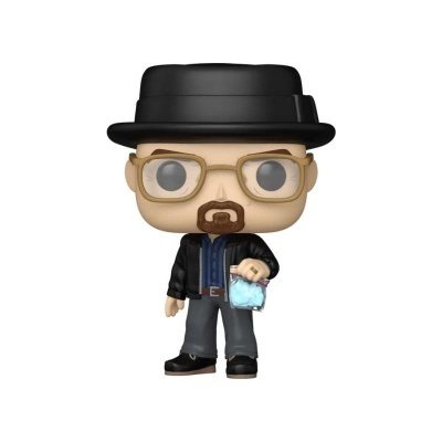 Figura Funko Pop com chapéu preto e saco de plásticos com cristais azuis