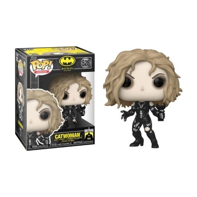 Figura Funko Pop! da Catwoman com cabelo loiro ondulado e roupa preta com padrão branco ao lado da caixa.