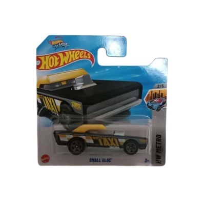Carro em miniatura Hot Wheels HV Metro preto e amarelo com texto TAXI em embalagem azul.