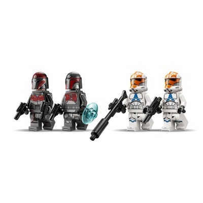 Quatro figuras LEGO Star Wars com armaduras e armas em fundo branco