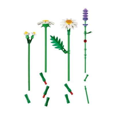 Peças de brinquedo LEGO em forma de flores com hastes verdes.