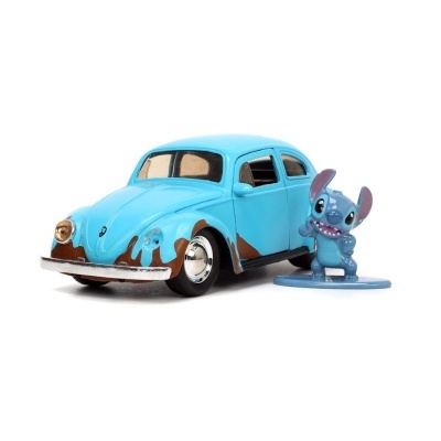 Carro de brinquedo azul claro com figura do Stitch