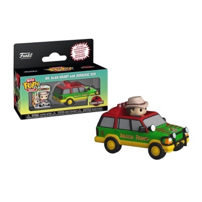 Figura Funko Pop Dr. Alan Grant e carrinha Jurassic Park com embalagem