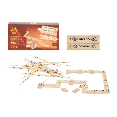 Conjunto de jogos de dominó e Mikado em madeira natural com 69 peças e embalagens marrons