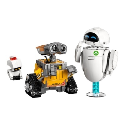 Miniaturas LEGO dos personagens WALL·E, EVE e um pequeno robô branco