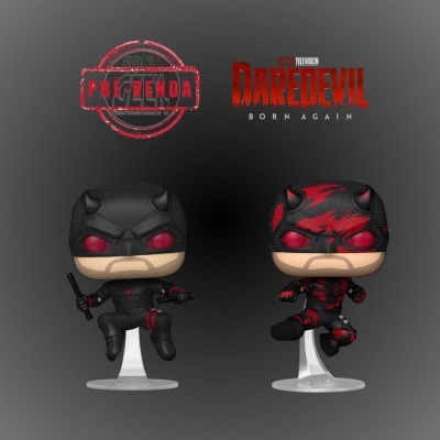 Figuras de vinil Daredevil preto e vermelho com texto PRÉ-VENDA e DAREDEVIL BORN AGAIN