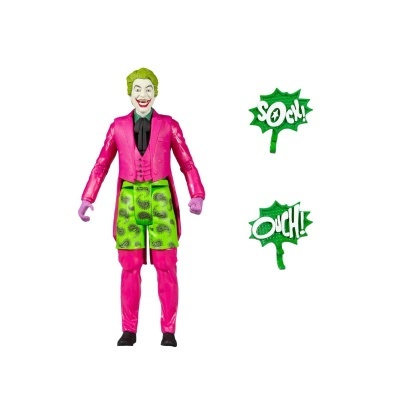Figura de ação do Joker com fato rosa e calções verdes, com peças adicionais de texto verde.