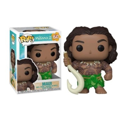 Funko Pop Maui de Moana 2 com tatuagens e gancho, ao lado da embalagem original.