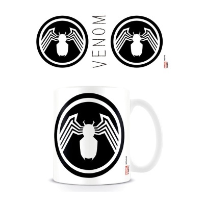 Caneca branca com símbolo do Venom preto e branco e texto VENOM