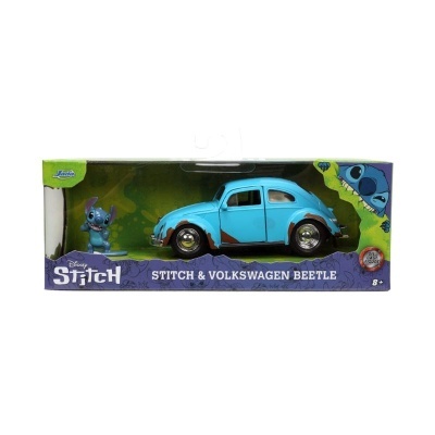 Conjunto modelo Volkswagen Beetle azul e figura Stitch da Disney em embalagem colorida