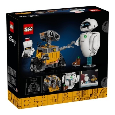Caixa LEGO Disney com figuras WALL-E amarelo e robô branco com objeto marrom e planta