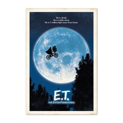Cartaz do filme E.T. com bicicleta a voar em frente à lua
